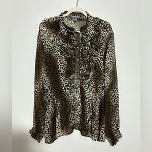Isabella Rodriguez Women’s 2X Semi Sheer Ruffle Blouse Animal Print